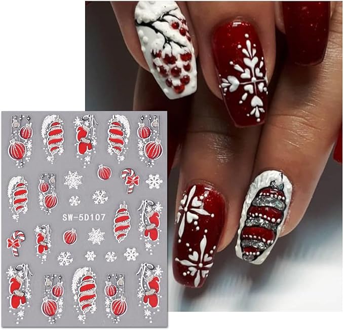5D Embossed Christmas Nail Stickers for Nail Art - Lantern Nail Art Stickers Xmas Glove Snowflakes Nail Decals Cartoon Feather Nail Supplies for Women DIY Manicure Decorations 2 Sheets