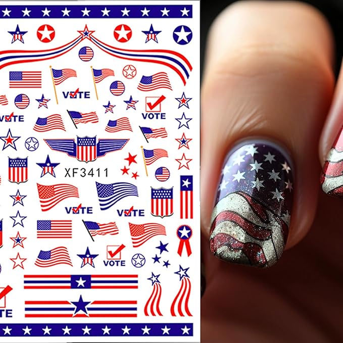 8 Sheets Independence Day Nail Stickers Blue Red Nail Decals Flag Love with Design Nail Decals for Nail Art 3D Self-Adhesive Nail Decoration for Women 4th of July Acrylic Nails Supplies