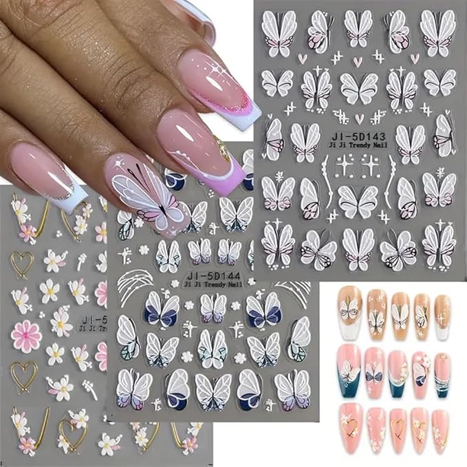 3Pcs Flower Nail Art Stickers Decals 5D Pink Flowers Nail Stickers Spring Relief Blue Butterfly Design Nails Art Decals for Decorations Flower Stickers for Nails Manicure Sliders for Women