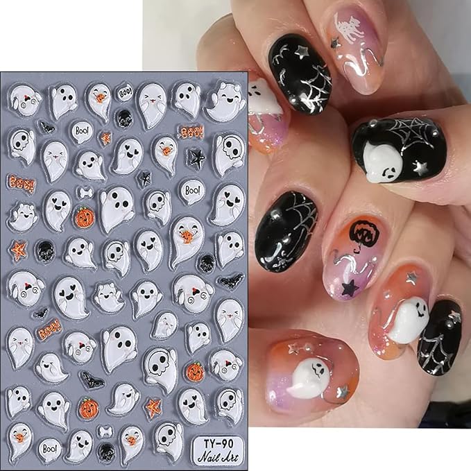 2Sheets 5D Cute Ghost Nail Art Stickers Embossed Cartoon Skull Bat Pumpkin Nail Decals Spooky Halloween Nail Stickers Fall Holiday Nail Design Decals Decoration for Women DIY Manicure Supplies
