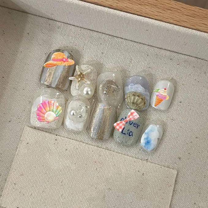 Summer Beach Theme 3D Nail Art Stickers, 2 Sheets, Self-Adhesive Embossed Ocean Designs with Fish, Coral, Seaweed, Palm Trees for Nail Decoration, Vacation Manicure
