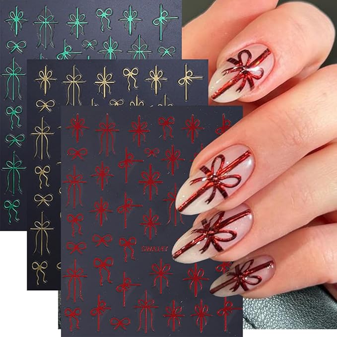 3 Sheets Christmas Nail Stickers for Nail Art WLGDLH 3D Self Adhesive Nail Art Stickers Multicolor Bow Nail Decals Bow Heart Nail Supplies for Women DIY Christmas Decorations