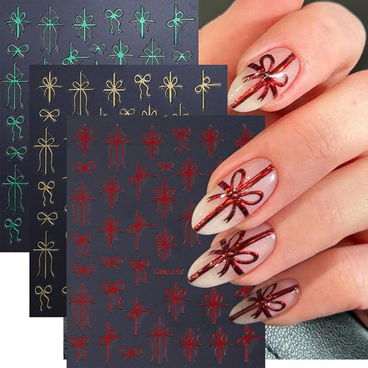 3 Sheets Christmas Nail Stickers for Nail Art WLGDLH 3D Self Adhesive Nail Art Stickers Multicolor Bow Nail Decals Bow Heart Nail Supplies for Women DIY Christmas Decorations