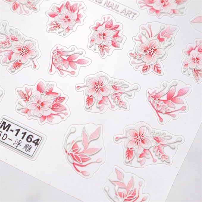 Flower Nail Art Stickers Decals 5D Embossed Self Adhesive Spring Summer Nail Stickers for Nail Art Floral Nail Decals Blue Pink Flower Nail Design Decoration Accessories for Women and Girls