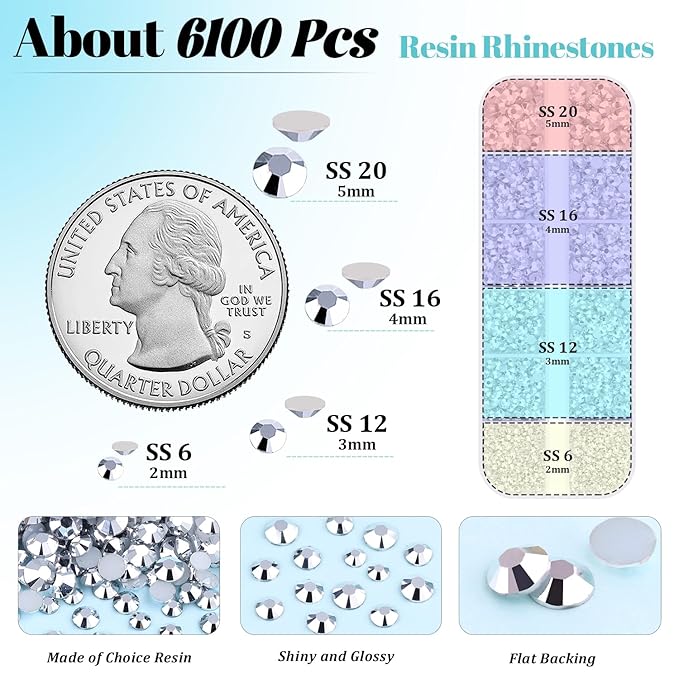 6100Pcs Resin Rhinestones for Crafting with 2Pcs 10ml B7000 Jewelry Glue, 1 Box Flatback Crystals Diamond (Silver) for Bedazzling Crafts DIY Nail Art Non Hotfix Gems for Clothing Shoes