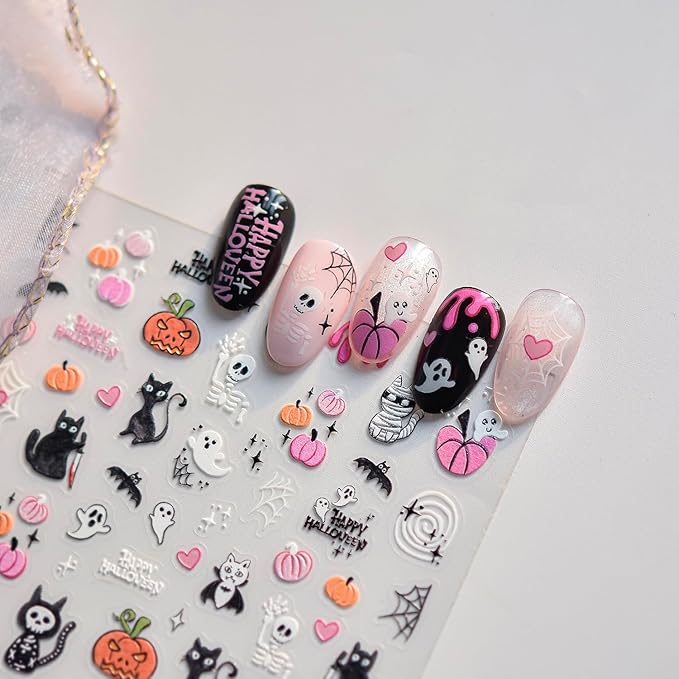 Halloween Nail Art Stickers Decals 5D Embossed Pumpkin Black Cat Nail Decals 1PCS Ghost Bat Skeleton Spider Web Cute Halloween Nails Design Adhesive Sliders for Holiday Manicure Nail Art Decorations