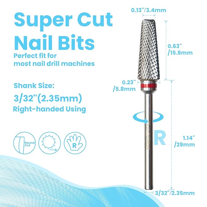 Super Cut 5 In 1 Nail Drill Bits, Tapered Barrel 3/32'' Safety Tungsten Bits, Upward Cut for Hard Gel Removal, Right Hand Use, Manicure Cuticle Gel Polishing, Technicians Bits, Fine.