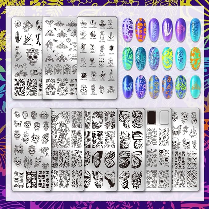 PH PandaHall 9pcs Gothic Skull Nail Stamping Plates Butterfly Nail Art Stencil Star Moon Leaf Manicure Art Templates Horror Skeleton Nails Stamper Plate for Women DIY Manicures Salon Printing Design