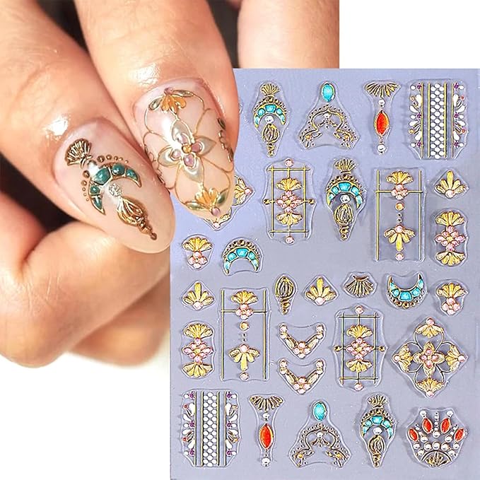 2 Sheets Bohemian Style 5D Embossed Nail Stickers for Nail Art Self-Adhesive Star Moon Sun Nail Decals Colorful Glitter Gems Nail Design Stickers Bohemia Nails Art Supplies for Women Manicure Tips