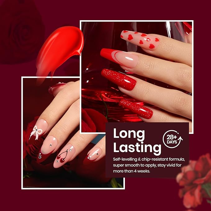 Beetles Red Gel Nail Polish Set with Top Coat, Winter Gel Polish 6 Colors Popular Shimmer Red Burgundy Nail Art Design Soak Off Uv LED Minicure DIY Home Gifts for Women