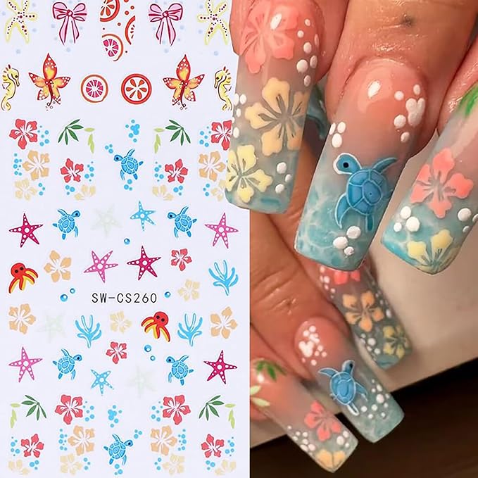 6 Sheets Ocean Style Nail Art Stickers 3D Self -Adhesive Starfish Sea Turtles Nail Decals Holographic Flower Bow Nail Stickers Summer Floral Seahorse Nail Decoration for Women Manicure Supplies