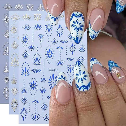 6Sheets Retro Flower Nail Art Stickers 3D Bohemian Style Design Nail Decals Self-Adhesive Gold Silver Petals Line Nail Sticker Boho Blue Floral Nail Decal for Women DIY Manicure Charms Decor Supplies