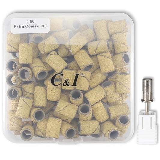 C & I Nail Sanding Bands 100 PCS Plus Upgrade Mandrel 1 PC, Nail Drill Bits for Acrylic Gel Nails Remove, Natural Nails Buffer for Nail Prep and Nail Shiner (Yellow, #80 Extra Coarse)