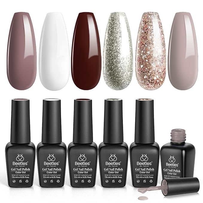 Beetles Winter Gel Nail Polish - 6 Colors Fall Burgundy Red Brown Champagne Gold Brown Gel Polish, Soak off Uv Lamp Nail Manicure Kit DIY Gifts for Women