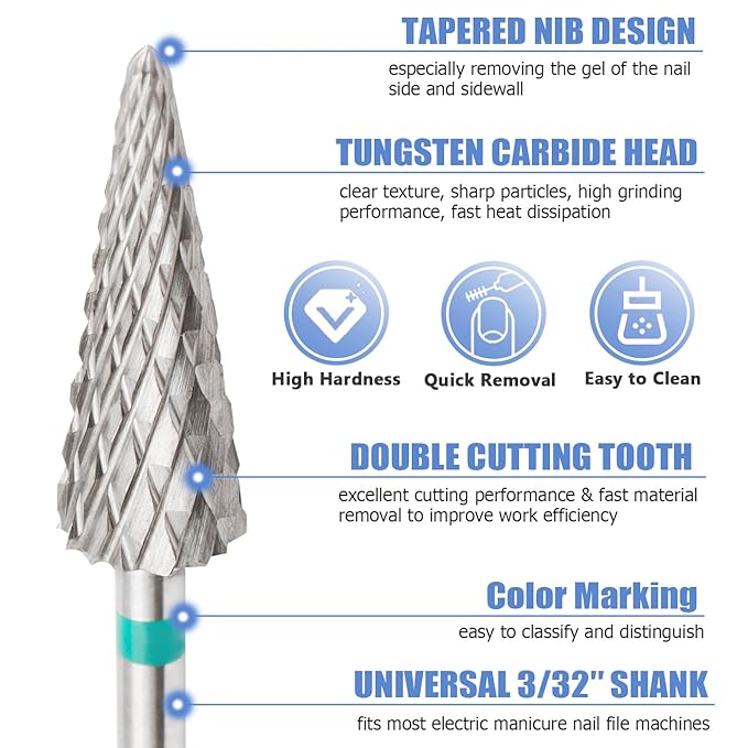 Mesee 5 Pieces Tapered Nib Nail Drill Bit Set, 3/32'' Carbide Tungsten Multi-function Bits Professional Electric Cuticle Drill Bits for Acrylic Gel Nails Polish Cuticle Removal
