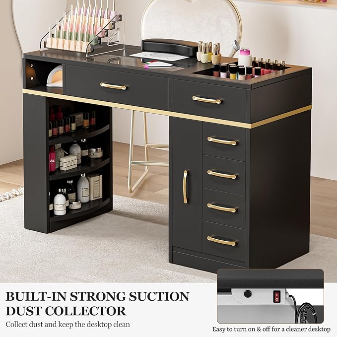 Nail Table Station with Dust Collector, Glass Top Manicure Table Nail Desk Station w/7 Drawers & 3-Tiers Open Shelves, Nail Beauty Workstation w/Wrist Cushion & Acrylic Display Rack(Black-New)