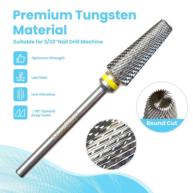 Super Cut 5 In 1 Tapered Barrel 3/32'' Safety Tungsten Nail Drill Bits, Upward teeth, Right handed, Suitable for Manicure Pedicure Cuticle Gel Polishing, Technicians Bits, Grit: Extra Fine.