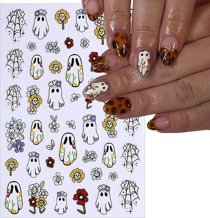 5 Pcs Halloween Nail Art Stickers,Pumpkin Spider Webs and Cute Ghost Designs 3D Self-Adhesive Nail Decals Skull Bat Halloween Nail Decorations DIY Manicure Supplies for Women Girls