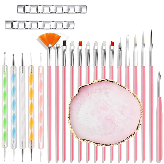 23 Piece Nail Art Tools Set Resin Nail Art Palette Nail Art Brush 2-way Acrylic Silicone Engraving Pen Dotting Pen Tools DIY Home Salon Makeup Display Board Nail Art Kit (pink)