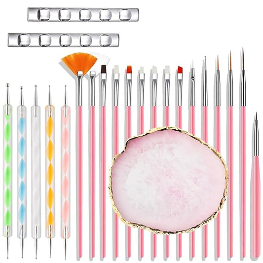 23 Piece Nail Art Tools Set Resin Nail Art Palette Nail Art Brush 2-way Acrylic Silicone Engraving Pen Dotting Pen Tools DIY Home Salon Makeup Display Board Nail Art Kit (pink)