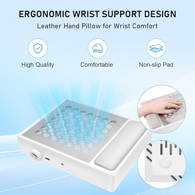 FAHKNS Nail Dust Collector for Nail Tech & Acrylic Nail Polishing, Adjustable Speed Nails Extractor Vacuum, Powerful Vacuum Fan, Low Noise, Reusable Filter & Magnetic Detachable Nail Salon