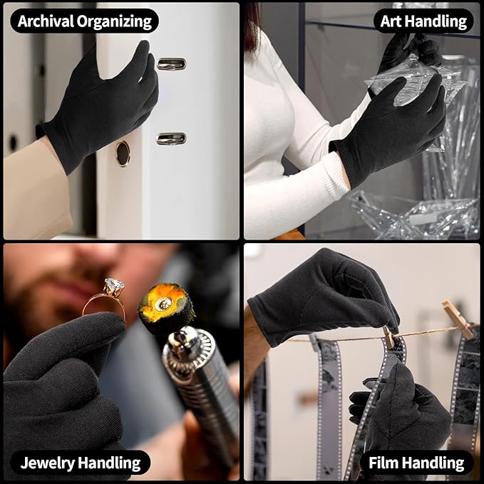 5 Pairs Small Black Cotton Gloves for Dry Hands Sleeping, Black Work Gloves for Coin Handling, Jewelry, Photography for Men and Women, with 20 Touchscreen Stickers
