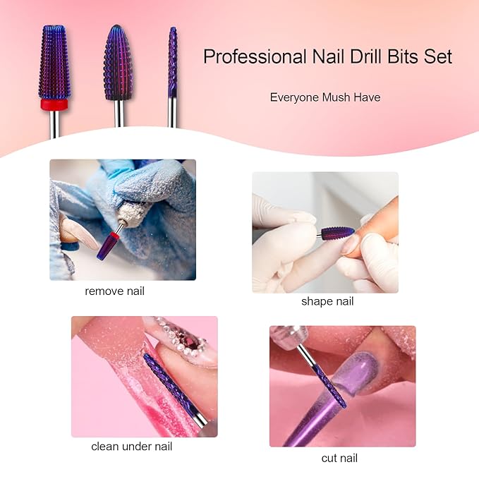 Nail Drill Bits, CORFULRA 5 in 1 Nail Drill Bit Tornado Nail Drill Bit Tungsten Carbide Cuticle Bit, Professional 3pcs Drill Bits for Nails,Acrylic Gel Remover,Under Nail Cleaner Callus Clean, Purple
