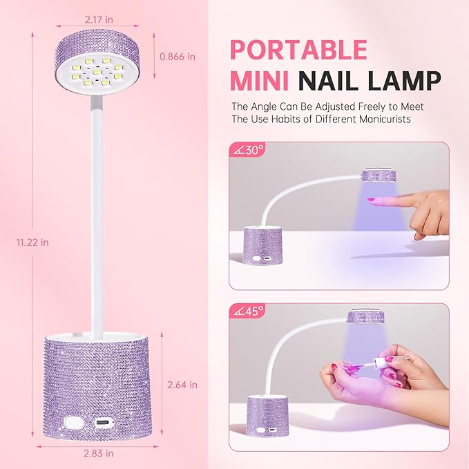 UV LED Nail Lamp, Mini UV Light for Gel Nails Polish, Rechargeable LED Flash Cure Nail Dryer, Quick Drying Goosenecks UV Nail Lamp for Home Nail Salon DIY Manicure, Purple Diamond
