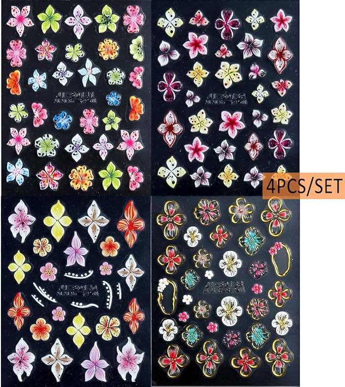 Flower Nail Stickers 5D Embossed Lily Flower Stickers for Nails Hibiscus Self Adhesive Floral Nail Decals Gold Flower Nail Charms Vacation Design Pegatinas para Uñas 4 Sheet