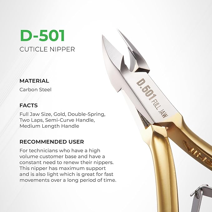 Professional Hard Steel Cuticle Nipper - D-501, Precision Nail Tech Nipper with Gold and Grey Plated Double Spring Jaws - Lap Joint Construction for Superior Performance.
