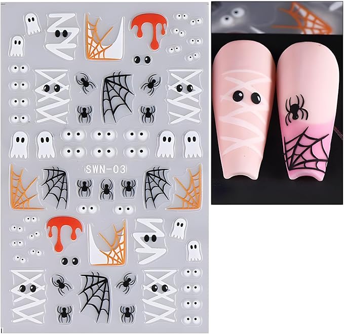4 Sheets Halloween Nail Art Stickers Ghost Nail Art Stickers 5D Self-Adhesive Spider Nail Decals with Flower Design Pumpkin Black Cat Nails Art Spider Web Nail Supplies for Women
