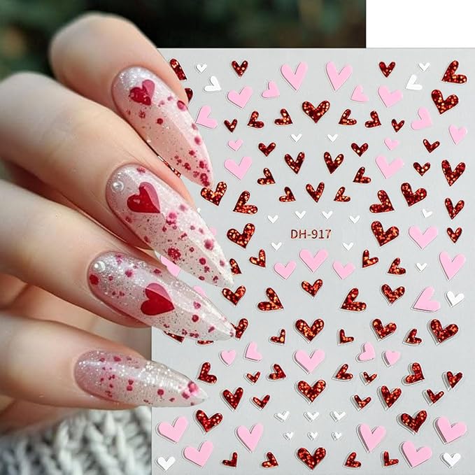 10 Sheets Valentines Nail Stickers Hollow Hearts Nail Decals 3D Self Adhesive Pink Red Bow Peach Heart Shaped Nail Art Stickers French Heart Nail Decorations for Women DIY Nail Art Designs Supplies