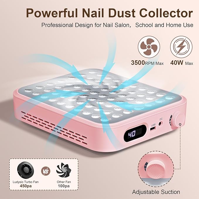 Nail Dust Collector with 2 Reusable Filters,Nail Vacuum Dust Collector Quiet for Nail Tech Art, Powerful Nail Fan and Duster Collector,Nail Vacuum Cleaner for Salon and Home(Pink)