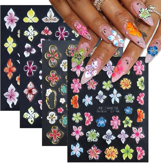 4 Sheets Embossed Flower Nail Art Stickers - Self-Adhesive Nail Decals, Colorful Floral Petals, 5D Acrylic Carved Design for Women & Girls Manicure Decoration