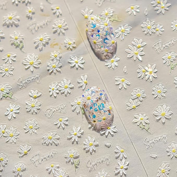 White Daisy Nail Stickers 5D Embossed Flower Nail Art Stickers Cute Daisy Nail Decals Self Adhesive Floral Nail Supplies Spring Summer Flowers Sticker for Women Manicure Sliders Decoration Kits