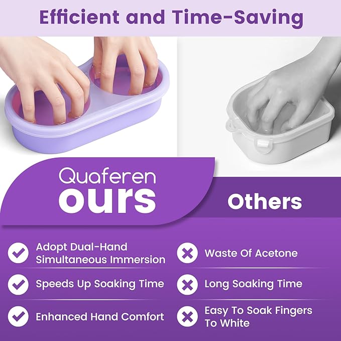 Quaferen Dual Nail Soaking Bowl: 3nd Generation 2-in-1 Manicure Bowl Acetone Proof for Women, Time-Saving Soak Off Gel Nail Polish Dip Powder Acrylic Removal Kit for Salon Home (Normal Size,Purple)