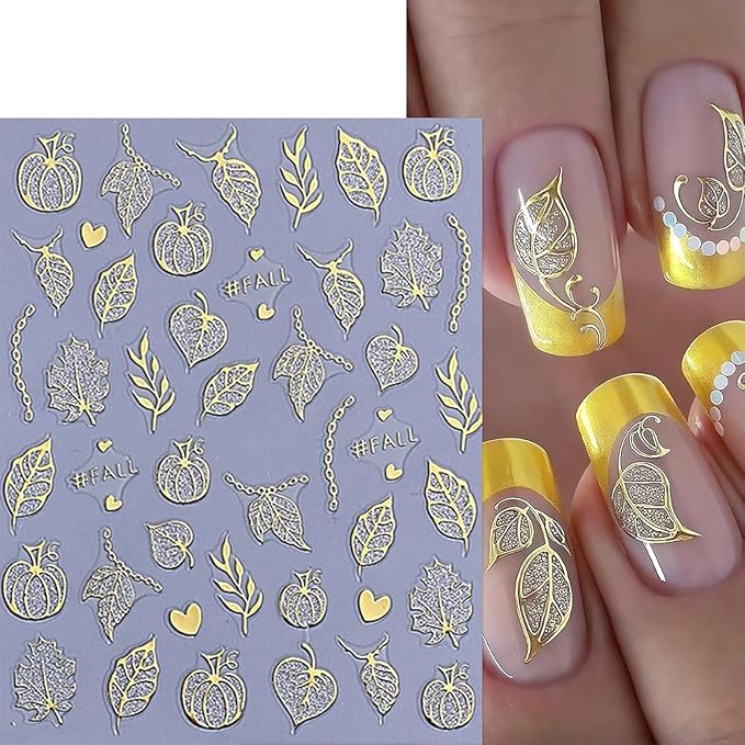 6Pcs Fall Nail Art Stickers Autumn Maple Leaf Nail Decals 3D Self-Adhesive Fallen Leaves Nail Stickers Cute Pumpkin Chain Nails Supplies Thanksgiving Manicure Sliders for Women Nails Art Decorations