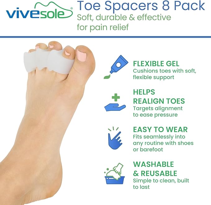 VIVEsole Toe Spreaders for Feet (8 Pack) - Silicone Spacers for Women & Men - Gel Separators for Bunions, Overlapping Toes, Pain Relief - Orthotic Dividers for Athletes, Alignment & Corrector