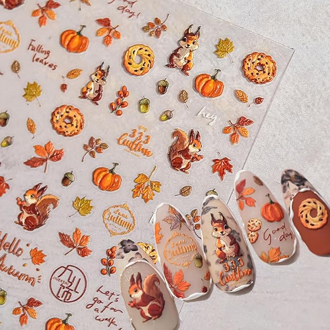 Fall Nail Art Stickers 5D Embossed Maple Leaf Squirrel Nail Decals 1PCS Falling Leaves Pumpkin Pinecone Autumn Nails Design Engraved Fall Stickers for Thanksgiving Day DIY Manicure Nail Art Decoration