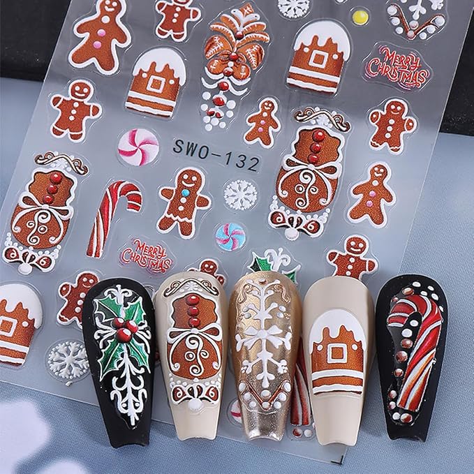 5D Embossed Christmas Nail Art Stickers Winter Cute Christmas Tree Snowflake Snowman Santa Claus Gift Nail Stickers Xmas Holiday Nail Decals for Women DIY Manicure Tips Nail Decorations 4 Sheets