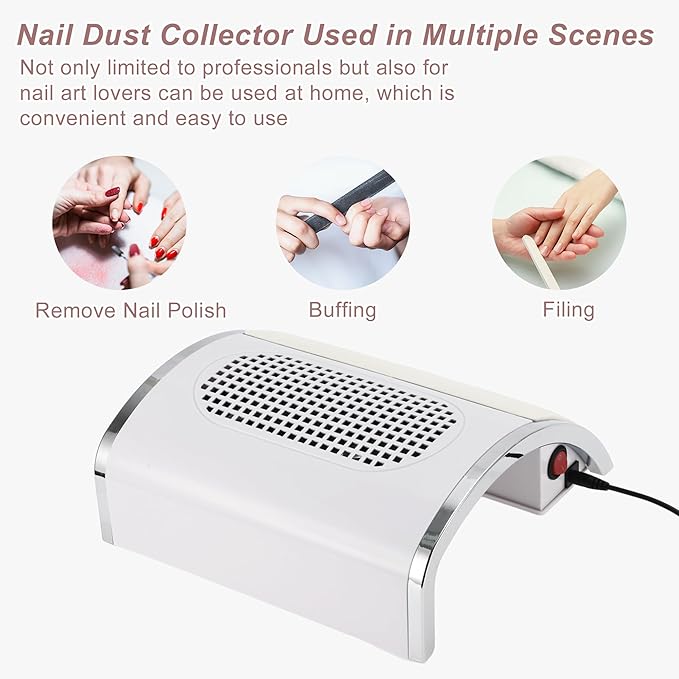 VOCOSTE Nail Dust Collector, 80W Nail Vacuum Dust Collector, Low Noise Nail Fan Dust Collector, Dust Collector Nail Tech for Manicure Acrylic Gel Nails Polishing, with 2 Dust Bag, White