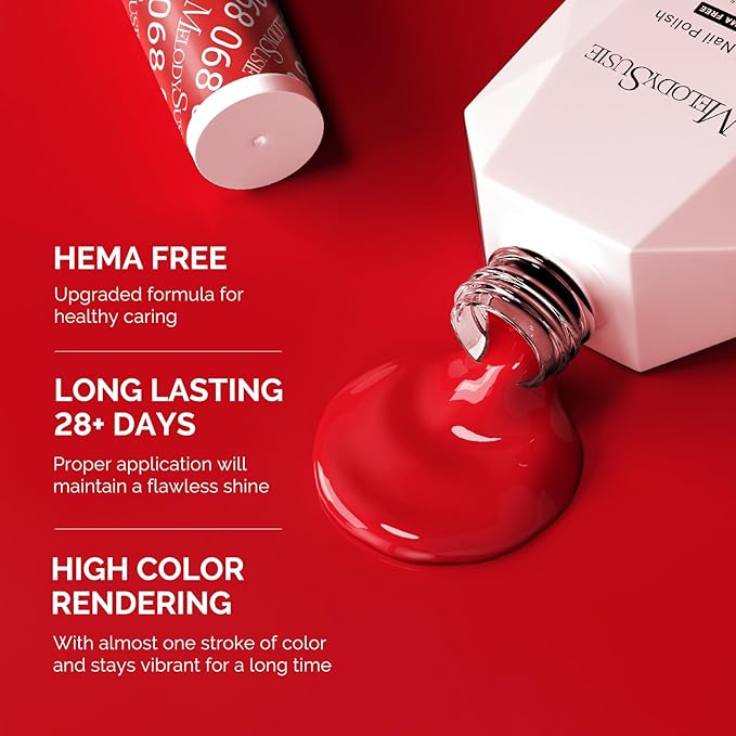 MelodySusie Hema Free Gel Nail Polish, 0.5 Fl Oz Thick Bright Red Gel Polish, Non Toxic, Long Lasting, Soak Off UV Nail Polish, Manicure Nail Design Salon DIY Nail Art at Home 068