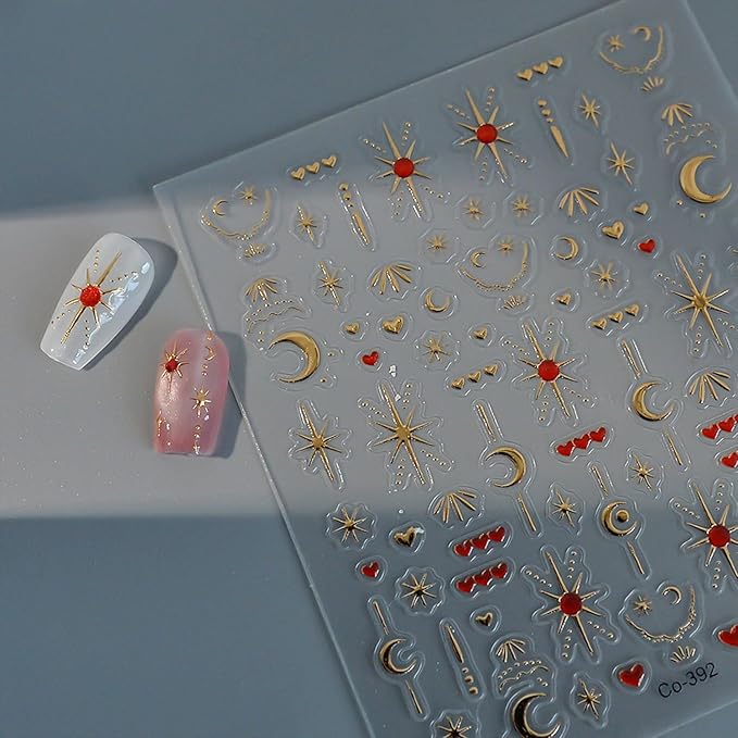 2 Sheets Star Nail Stickers Gold Silver Nail Stickers for Nail Art 5D Self-Adhesive Nail Decals Heart Moon Nails Supplies Decoration Accessories for Women and Girls