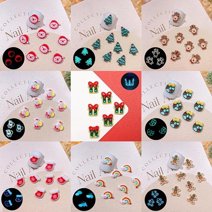 100Pcs Christmas Nail Charms Glow in The Dark 3D Xmas Nail Rhinestone Supply Christmas Tree Socks Santa Claus Gift Elk Nail Art Charms for Women DIY Manicure Winter Holiday Nails Decoration Supply
