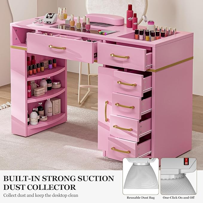 Nail Tech Table with Dust Collector, Glass Top Manicure Table Nail Desk Station w/7 Drawers & 3-Tiers Open Shelves, Nail Beauty Workstation w/Wrist Cushion & Golden Handles(Pink-New)