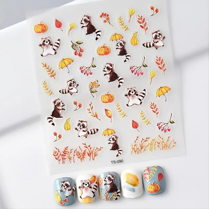 Fall Nail Art Stickers Decals Autumn Nail Decals 5D Embossed Raccoon Nails Stickers Maple Leaf Pumpkin Nail Art Supplies Fallen Leaves Animal Nail Decals for Women Thanksgiving Day Manicure Decoration