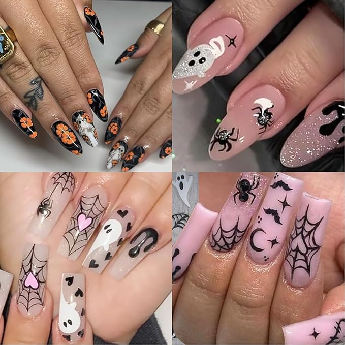 8 Sheets Halloween Nail Art Stickers Gothic Spooky 3D Self Adhesive Ghost Nail Decals Goth Spider Web Flower Nail Design Stickers Ghost Nail Stickers Art Decoration for Women Acrylic Manicure Salon