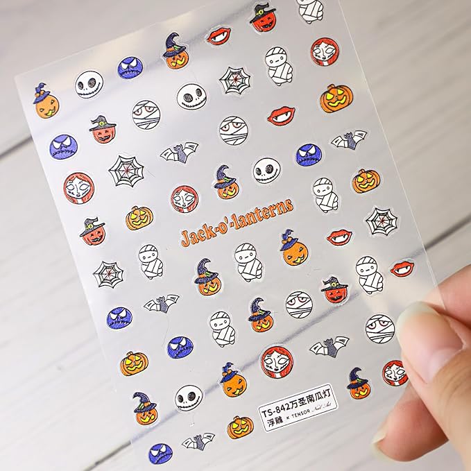 Halloween Nail Stickers for Nail Art - Cute Ghost Nail Art Sticker Halloween Pumpkin 5D Embossed Nail Decals Self-Adhesive Nails Supply Manicure Stickers for Nails Decoration