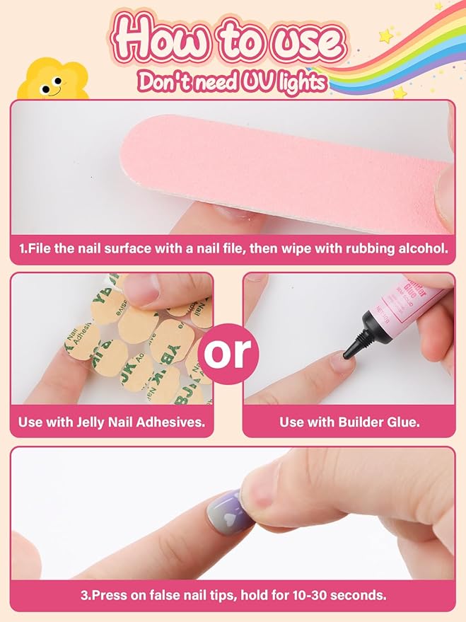EBANKU 26 Pcs Kids Press on Nails Kit, Fake Nails for Girls 5-12 Years Colorful Purple Blue False Nails with Nail Glue, Short Full Cover Press on Nails Tip for Child