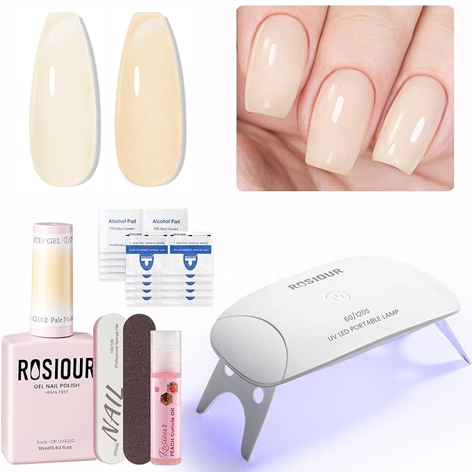 HEMA and TPO Free Gel Nail Polish Kit with U V Light, Pale Nude One Step Gel Nail Polish 3-in-1, No Need Base and Top Coat Nail Kit with Everything, Nail Starter Manicure Tools Gifts for Women